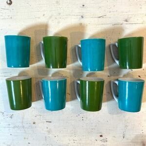 Vintage Mid Century Modern Mugs, Set of 8, 4 Teal 4 Green, Colors Are Super Cool